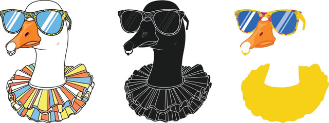 Three stylish geese showcase unique fashion, each adorned with sunglasses and a ruffled collar, creating a whimsical and eye-catching animal illustration perfect for creative projects.