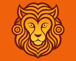 A stylized lion head with a golden mane is displayed on an orange background