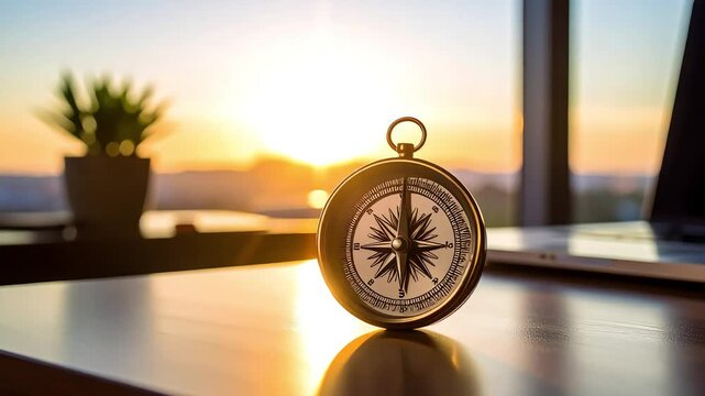 Antique compass in warm sunlight at window