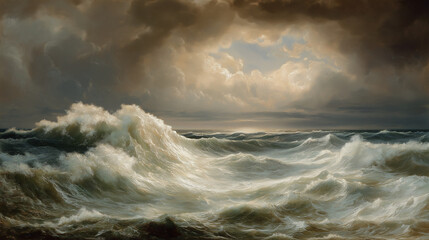 Obraz premium Sea Storm: Dramatic image of sea storm, with turbulent waves crashing under a moody sky.