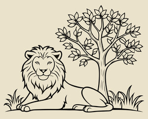 A majestic lion rests peacefully under a leafy tree in a vintage illustration
