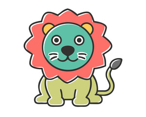 A cute cartoon lion with a red mane is sitting on a transparent background in a