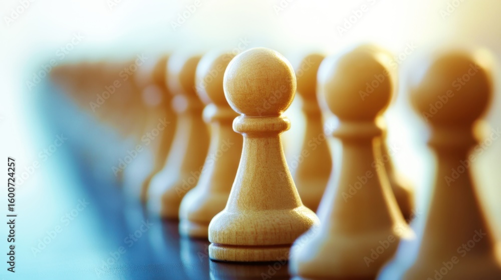 Poster a close-up view of wooden chess pawns arranged in a line on a table with soft lighting creating a dr