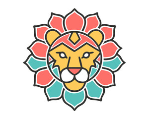 A colorful lion face is surrounded by vibrant petals in a decorative floral design