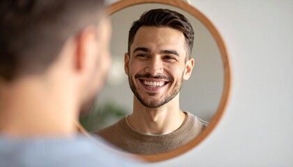 A man smiles widely while looking at his reflection in a round mirror.