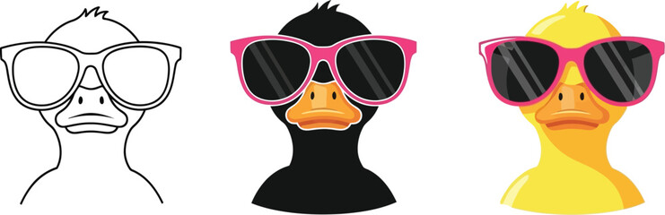 Three cartoon ducks showcase a vector set, each wearing stylish pink sunglasses, one in outline, one in solid black, and one in vibrant yellow, perfect for summer themes.