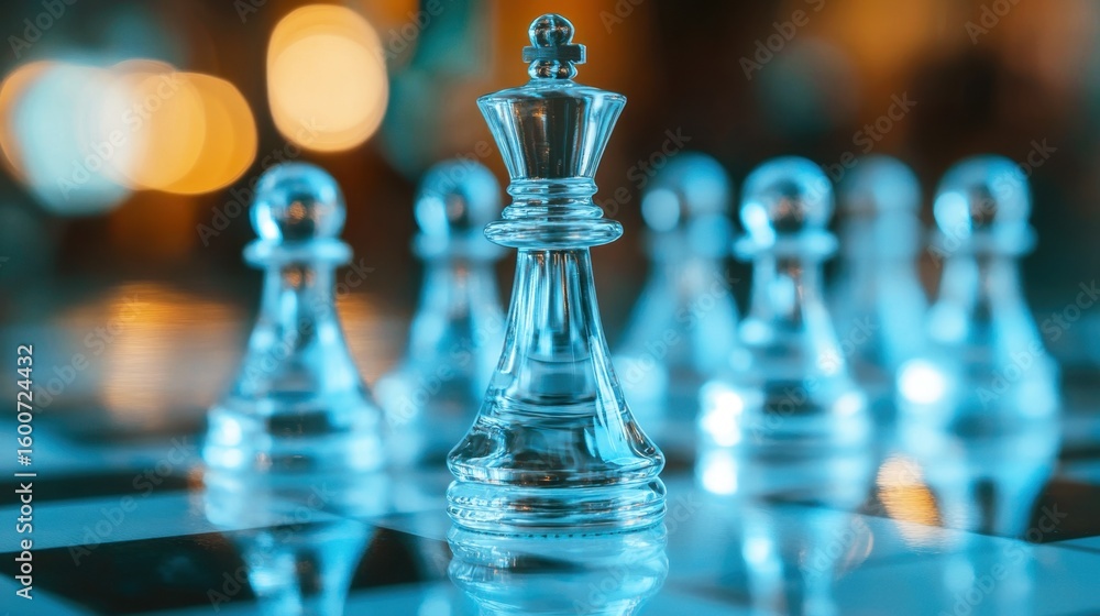 Poster crystal king chess piece on checkerboard with blurred background and soft lighting for game strategy