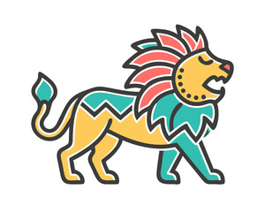 A tribalinspired lion illustration features bold geometric patterns and