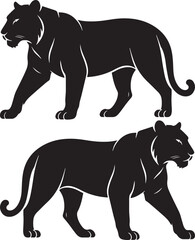 Black and white vector illustration of a tiger and leopard in wild animal silhouette style