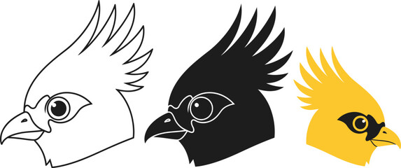 Three cardinal bird heads are displayed in line art, silhouette, and solid color styles, showcasing avian design elements ideal for nature-themed projects and creative illustrations.