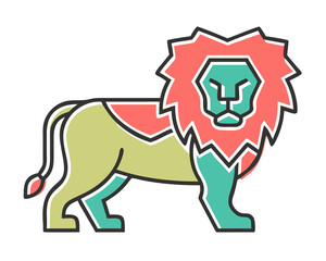 A stylized lion illustration showcases geometric shapes and bold colors