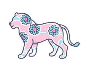 A stylized lion with pink fur and blue floral patterns stands gracefully against a