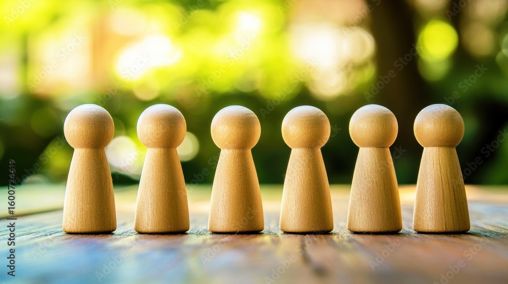 Poster wooden game pieces arranged in a line on a rustic wooden table with blurred greenery in the backgrou