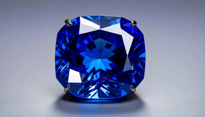 SAPPHIRE in a faceted CUSHION shape lies on a grey surface; flat lay; wallpaper