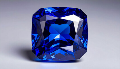 SAPPHIRE in a faceted CUSHION shape lies on a grey surface; flat lay; wallpaper