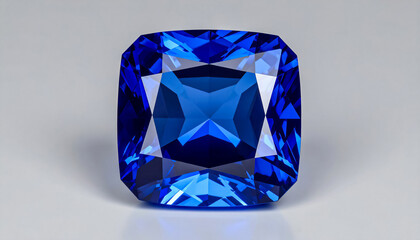 SAPPHIRE in a faceted CUSHION shape lies on a grey surface; flat lay; wallpaper