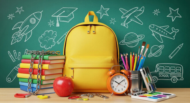 Back to school backpack books apple clock and chalkboard with school supplies and drawings concept