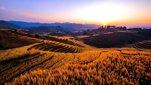 Aerial view of terraced fields with golden crops and mountains at sunset under a colorful sky - Powered by Adobe