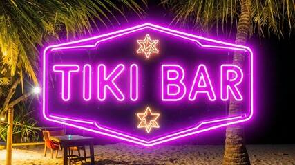 Neon tiki bar sign illuminating tropical beach at night.