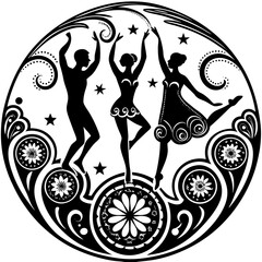 Minimalist stylized dancing silhouettes with dynamic color accents