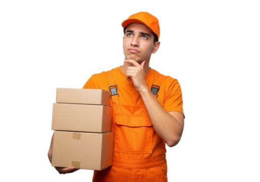 Delivery man with boxes thinking isolated on transparent background