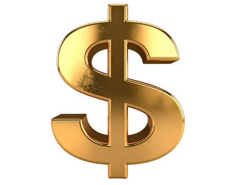 Untitled design - Golden Dollar Sign in 3D with Shine and Reflection, Centered Front View, Transparent PNG background