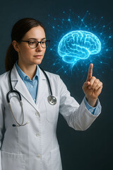 A female doctor in a white lab coat points to a glowing digital brain with neural connections. Ideal for health, neurology, AI, and medical concept visuals