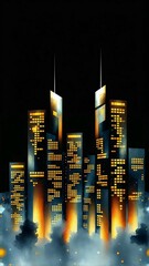 Minimalist digital artwork of a glowing futuristic city skyline at night, with tall rectangular skyscrapers illuminated in white, amber, and yellow lights against a black background 