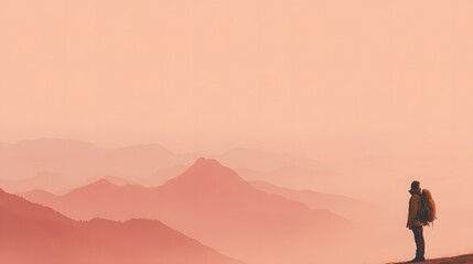 Solitary Traveler Overlooking Expansive Mountainous Landscape at Dusk