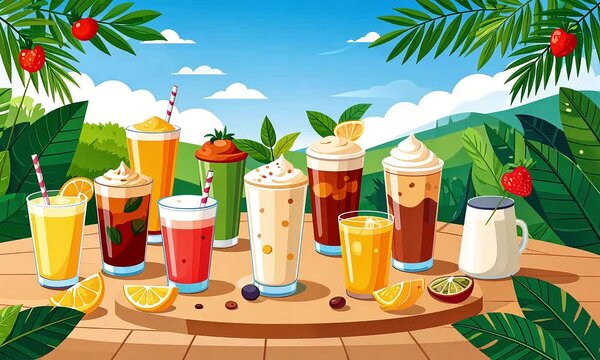Colorful variety of refreshing beverages displayed on wooden surface