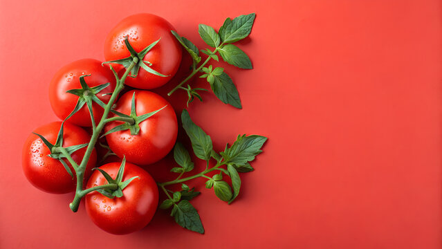 Cluster of juicy red tomatoes on a bold red background, ideal for vibrant vegan food compositions
