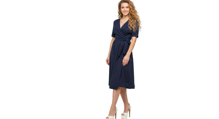 Woman wearing a navy blue wrap dress.