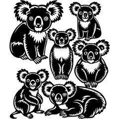 Collection of seven adorable koalas in various poses