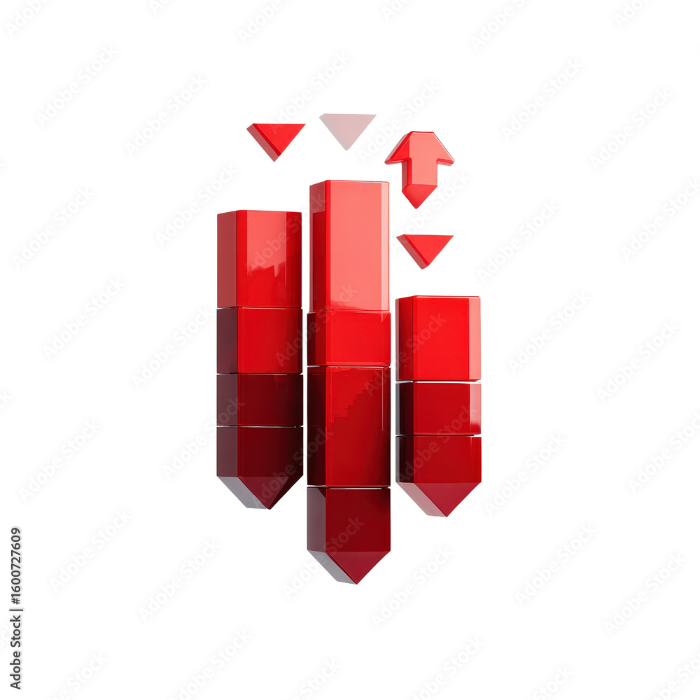 Poster red 3d bar chart with falling arrow and downward triangles on transparent background