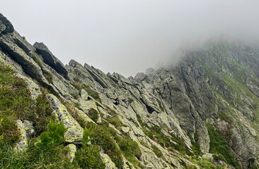mountain landscape with fog, Custura Saratii, Fagaras Mountains, Romania 