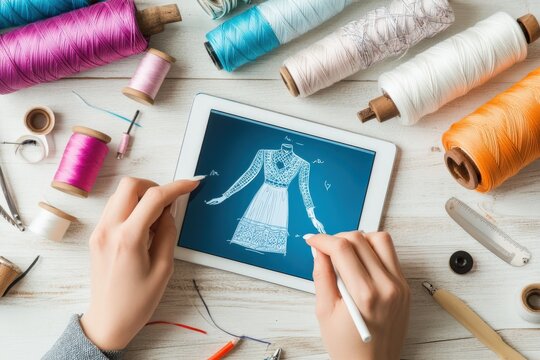 Fashion designer drawing a dress on a digital tablet surrounded by colorful sewing threads