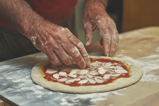 Pizza maker adding mozzarella to pizza dough with tomato sauce