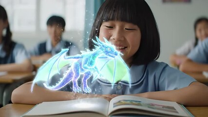 Happy Girl Watching a Fantasy Dragon Hologram from a Magic Book in the Classroom - AI GENERATED - Powered by Adobe