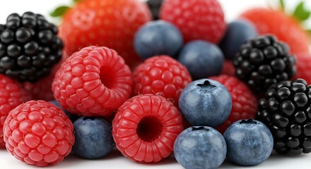 A close up shot of a mix of fresh berries including raspberries, blueberries and blackberries piled up
