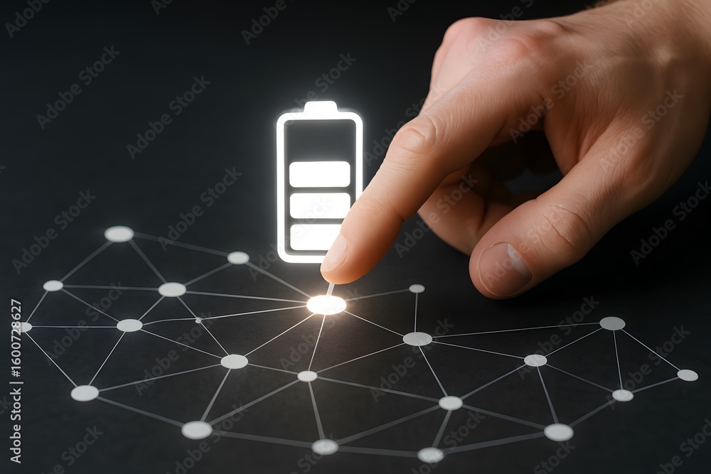 Poster battery technology concept with finger touching charging icon and network connection design
