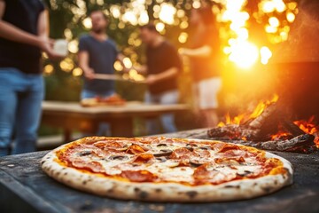 Cooking delicious pepperoni pizza on outdoor fireplace at sunset