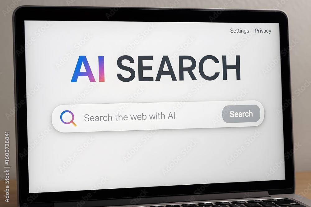 Aufkleber ai search engine on laptop screen for web search using artificial intelligence technology online now