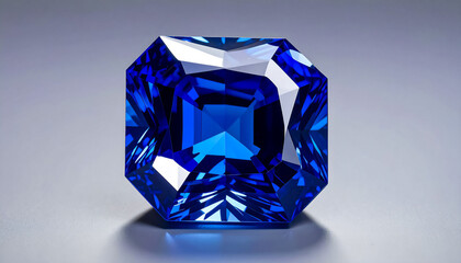 SAPPHIRE in a faceted CUT CORNERED PRINCESS shape lies on a grey surface; flat lay; wallpaper