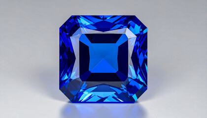 SAPPHIRE in a faceted CUT CORNERED PRINCESS shape lies on a grey surface; flat lay; wallpaper