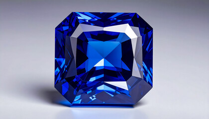 SAPPHIRE in a faceted CUT CORNERED PRINCESS shape lies on a grey surface; flat lay; wallpaper