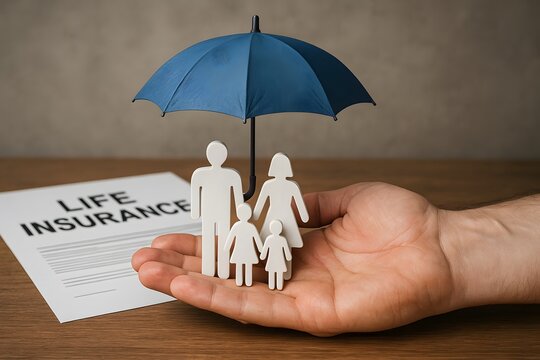 Life insurance family protection concept with umbrella coverage and financial security planning now today