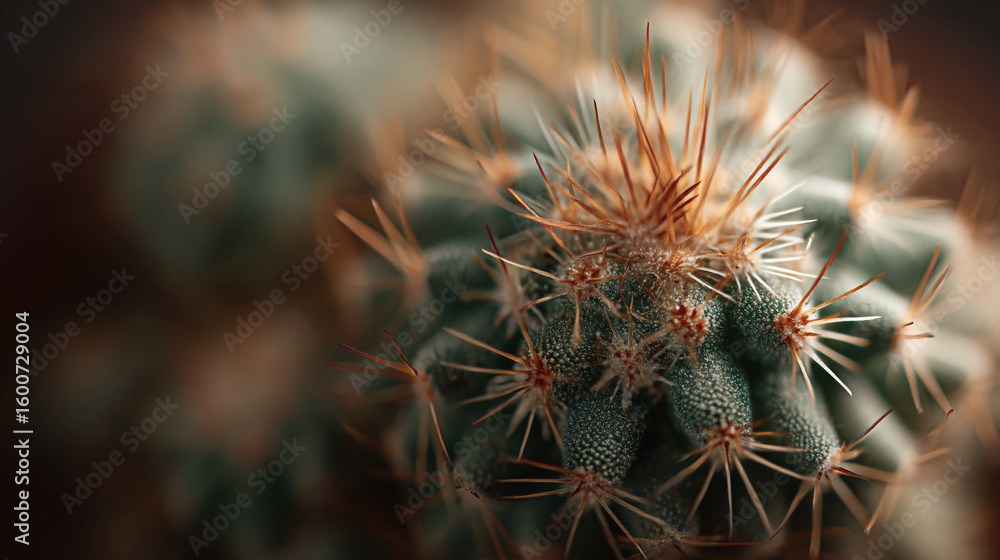 Poster a close up view of a spiky cactus with sharp needles in a blurred background scene