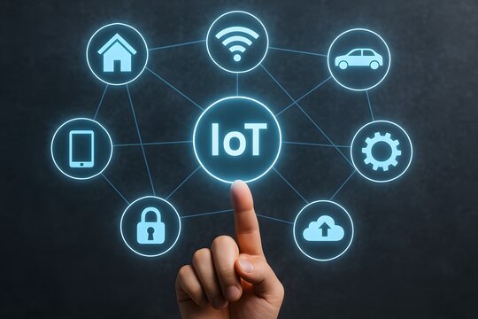 Iot internet of things concept with finger pointing to connected devices and network technology design