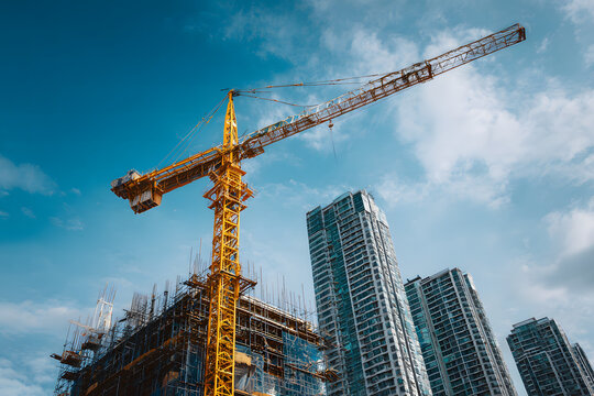 Construction site showcases a towering crane operating above a multi-story building under development in a bright, clear sky