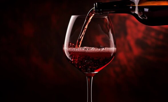 Red wine is poured from a bottle into a glass against a dark red background. The camera captures the liquid motion, bubbles, and light reflections.